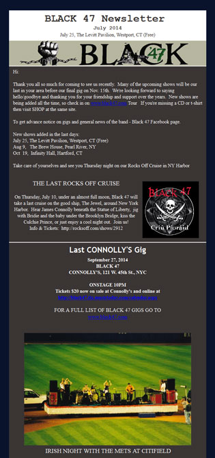 7/7/2014 Black 47 July Newsletter - New Gigs - Boat Cruise - Citifield/​Beatles