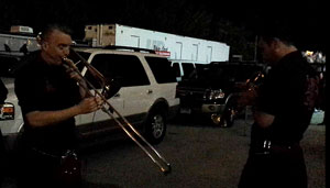 8/16/2014 Milwaukee, WI Milwaukee Irish Festival The Red Hot Chili Pipers horn section warming up before their gig